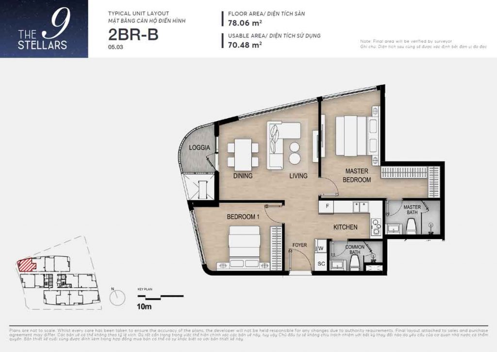 The 9 Stellars phase 1 apartment type 1BR-B unit layout.
