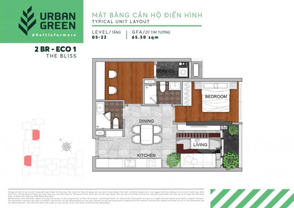 Urban Green mặt bằng căn hộ loại 2BR-ECO1
